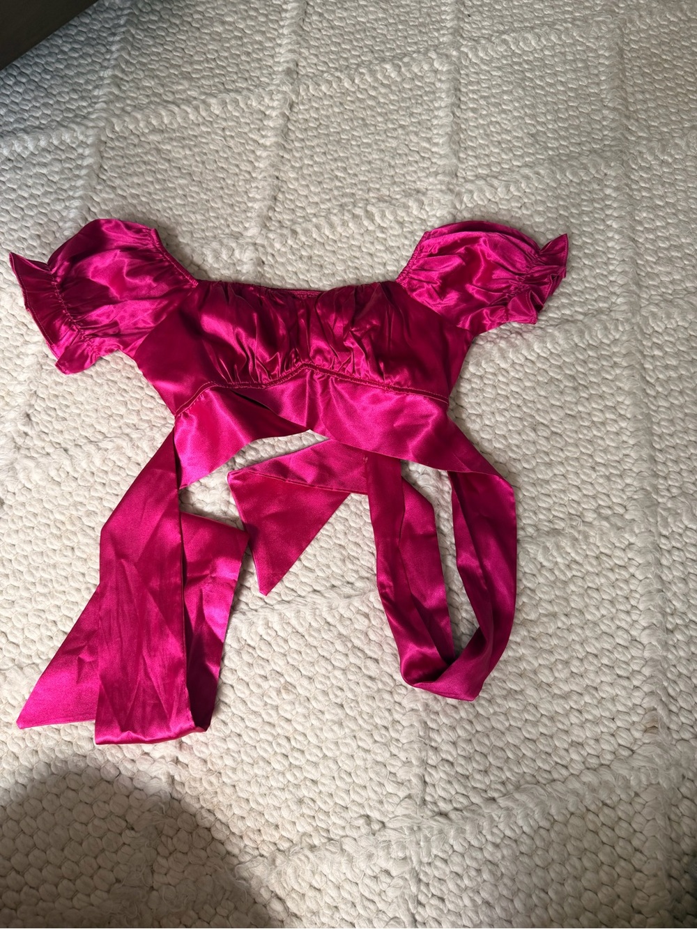 Hot Pink Satin Off-Shoulder Crop Top with Sash